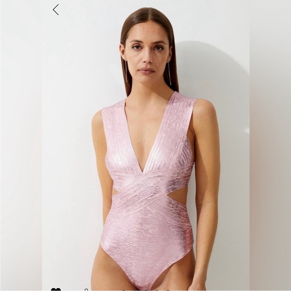 Karen Millen Metallic Pink Cut Out Bandage Textured One Piece Bathing Suit sz L - Picture 1 of 17